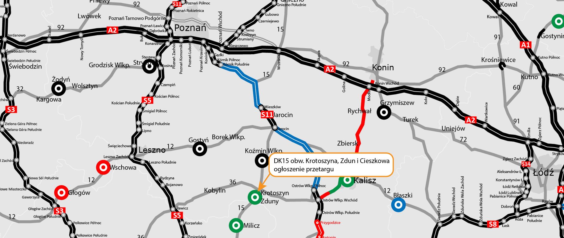 Mapa sieci dróg krajowych w centralnej i południowo-zachodniej Polsce z wyróżnioną inwestycją „DK15 obw. Krotoszyna, Zdun i Cieszkowa – ogłoszenie przetargu”. Na mapie zaznaczono istniejące drogi krajowe oraz odcinki w realizacji, w przetargu i w przygotowaniu. Pomarańczowa strzałka wskazuje rejon Krotoszyna i Zdun w województwie wielkopolskim, gdzie planowana jest budowa obwodnicy w ciągu drogi krajowej nr 15. W tle widoczne są główne miasta regionu, m.in. Poznań, Wrocław, Kalisz, Konin, Leszno, Łódź i Legnica, wraz z przebiegiem autostrad A1, A2, A4 oraz dróg ekspresowych S3, S5, S8 i S11.