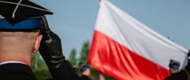 Na zdjęciu widać poczet flagowy KP PSP w Brzegu w umundurowaniu wyjściowym w momencie podnoszenia Flagi RP na maszt.