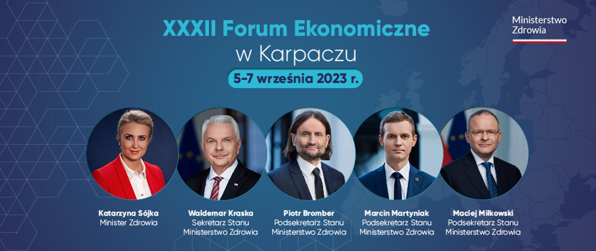 Grafika ze zdjęciami kierownictwa Ministerstwa Zdrowia, która informuje, że ministrowie będą uczestniczyć w debatach podczas XXXII Forum Ekonomicznego w Karpaczu. 