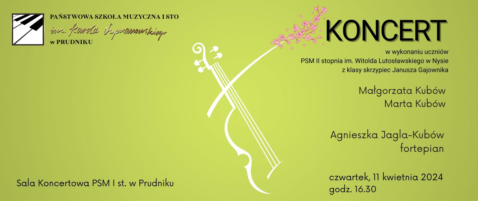 Na zielonym tle Napisy z informacją o koncercie skrzypcowym. W centrum ikonografia skrzypiec, w lewym górnym rogu logo szkoły.