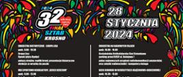 Plakat przedstawia harmonogram wydarzeń które będą miały miejsce na terenie m. Krosna w związku z 32 finałem Wielkiej Orkiestry Świątecznej Pomocy