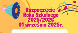 Na żółtym tle różowe litery. U góry po lewo megafon a po prawo pięciolinia z nutami.