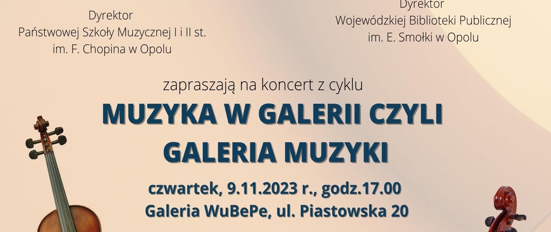 Jasny plakat przedstawiający grafikę skrzypiec i fortepianu po lewej stronie oraz wiolonczeli umieszczonej po prawej stronie, w górnej części logotypy Szkoły oraz Wojewódzkiej Biblioteki Publicznej, w centralnej części informacja o wykonawcach, dacie, godzinie oraz miejscu koncertu, w dolnej części logotypy patronów medialnych: Radio Opole, Radio DOXA, Nowej Trybuny Opolskiej, portalu informacyjnego opowiecie.info oraz ecovision.tv, o!polska