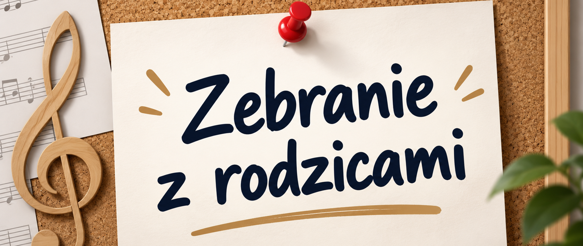 Pozioma grafika przedstawiająca tablicę korkową z przypiętą pinezką jasną kartką z napisem „Zebranie z rodzicami”. Obok widoczne są elementy nawiązujące do szkoły muzycznej – klucz wiolinowy i fragment zapisu nutowego.