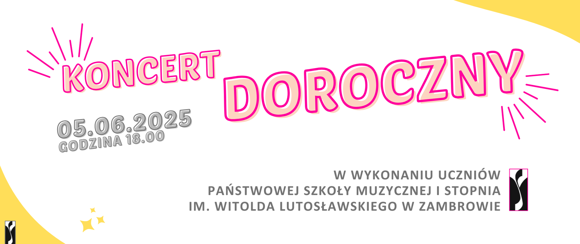 Na białym tle poziomego plakatu umieszczono półowalne wypełnienie lewego dolnego i prawego górnego rogu, W Centralnej części plakatu na białym tle grubą różową czcionką umieszczono informacje - nazwę koncertu, opis ogólny wykonawców a szarą czcionką podano datę i godzinę wydarzenia a poniżej dużo mniejszą czcionką adres sali koncertowej. W prawym dolnym rogu umieszczono logo organizatora.