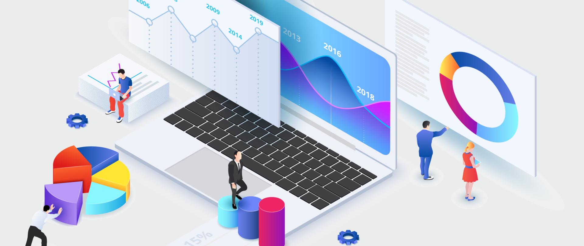 Kolorowa grafika wektorowa - na pierwszym planie laptop, na którym wyświetlają się dane. Wokół komputera osoby przy różnego rodzaju wykresach. 