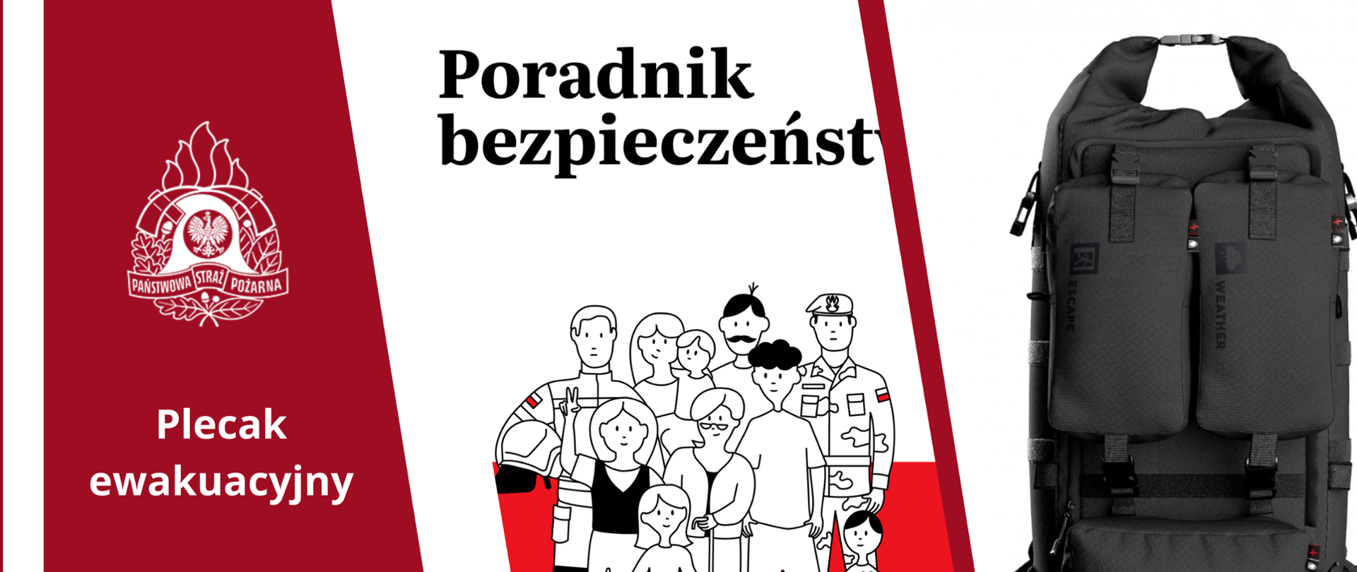 baner z napisem Plecak ewakuacyjny i Poradnik Bezpieczeństwa i logo PSP, obok zdjęcie Plecaka ewakuacyjnego i Poradnika Bezpieczeństwa