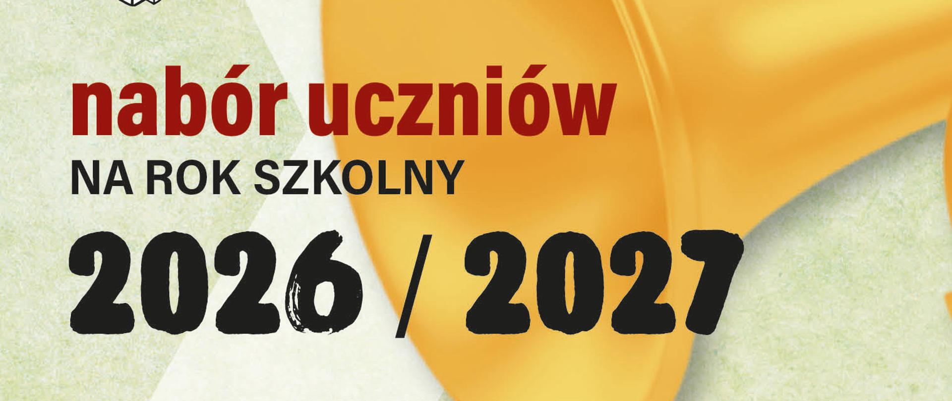 Plakat na kolorowym tle z informacją o rekrutacji w kolorze czarnym i bordowym. W lewym dolnym rogu jest fortepian. W lewym górnym roku znajduje się logo szkoły.