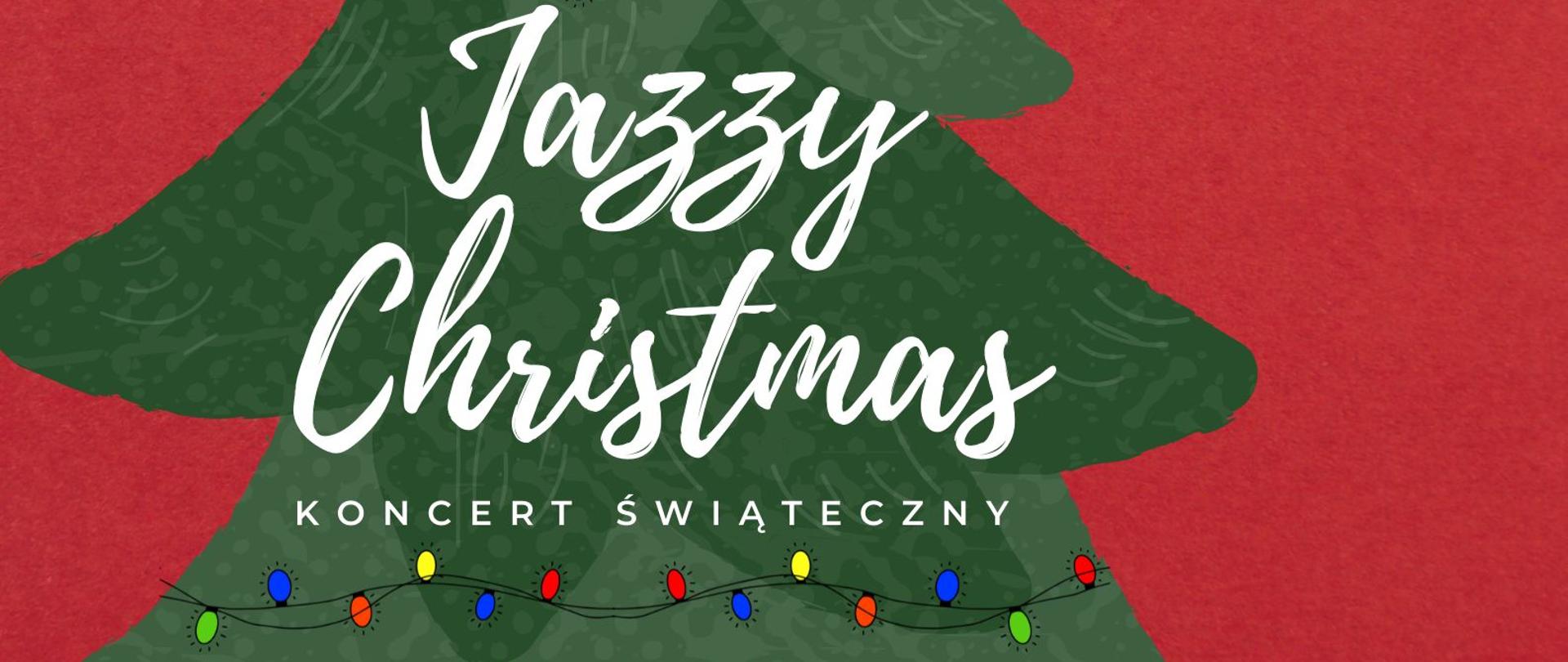Plakat koncertu świątecznego. Na czerwonym tle zielona choinka. 19.12.2022, godz. 18:00, AULA ZSM, Wstęp wolny