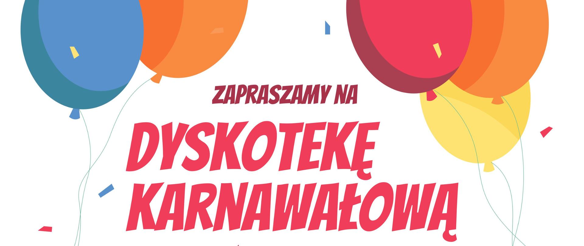 Plakat przedstawiający tańczące dzieci oraz kolorowe balony na białym tle