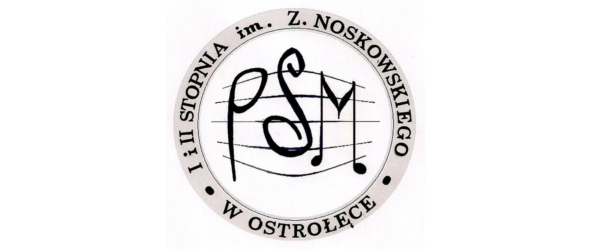 Znak graficzny w formie koła czarno-szary na jasnym tle Państwowej Szkoły Muzycznej I i II stopnia im. Zygmunta Noskowskiego w Ostrołęce