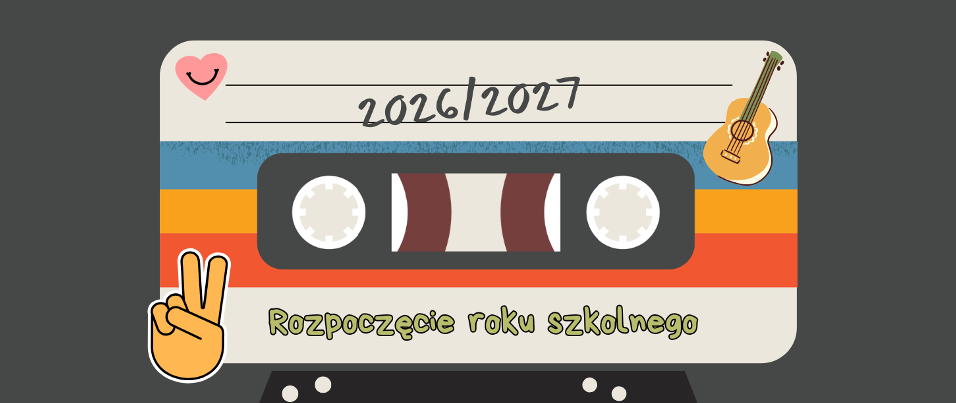 Grafika na grafitowym tle z motywem taśmy magnetofonowej i tekstem "Rozpoczęcie roku szkolnego 2026/2027"