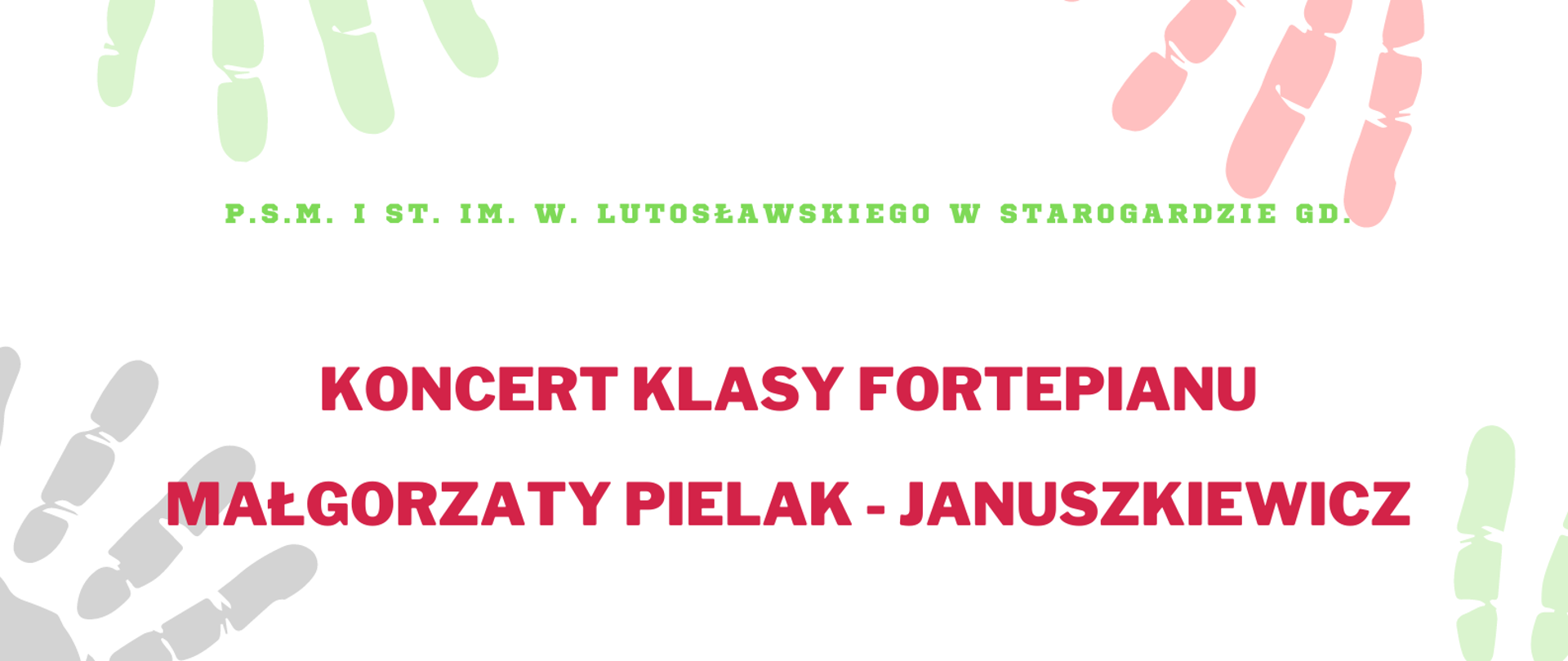 Plakat szkolnego koncertu uczniów klasy fortepianu organizowanego w dniu 4 czerwca 2024r o godzinie 16:30 aula szkoły. PLakat z białym tłem i pastelowymi odcinakmi dłoni . Na środku znajduje się grafika fortepianu i uśmiechniętą dziewczynką grającą na fortepianie. 