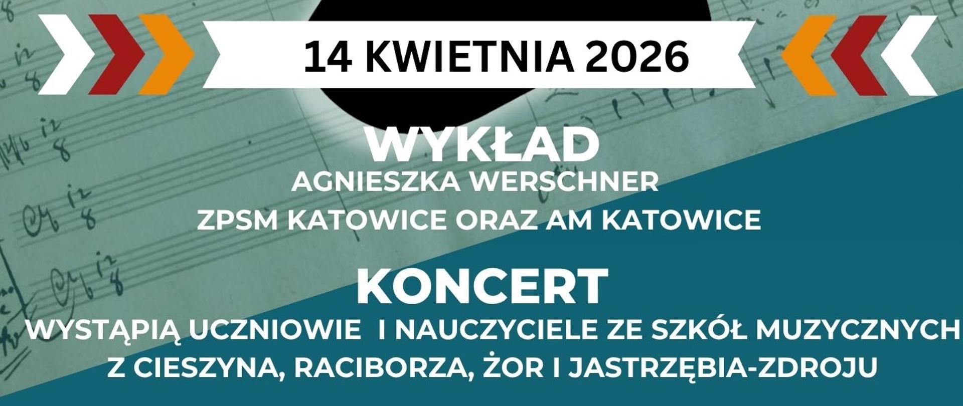 Plakat Wykład i Koncert - Wydarzenie w ramach Ogólnopolskiego Konkursu Wiedzy o Życiu i Twórczości Kompozytorów. W.A. Mozart, 14. kwietnia 2026, godz. 16.30 wstęp wolny. Na plakacie widnieje wizerunek - cień głowy Mozarta z profilu.