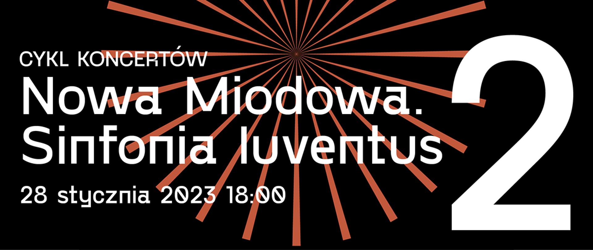 Grafika przedstawiająca pomarańczowe promienie na czarnym tle rozchodzące się od środka. Na tym tle widnieją białe litery informujące o koncercie.