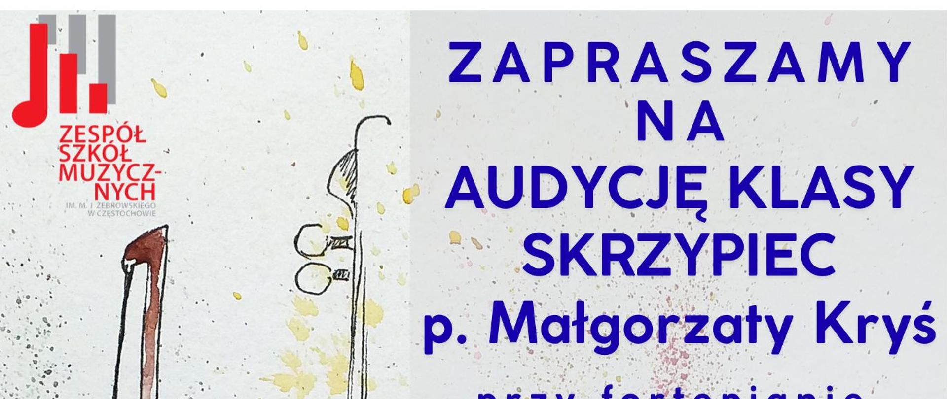 Szare tło, grafika skrzypiec, logo szkoły, tekst dotyczący audycji klasy skrzypiec p. M. Kryś 5 marca 2026 r. o godz. 18.00