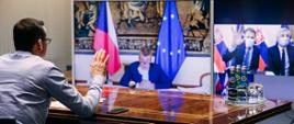 Premier Mateusz Morawiecki podczas wideokonferencji.