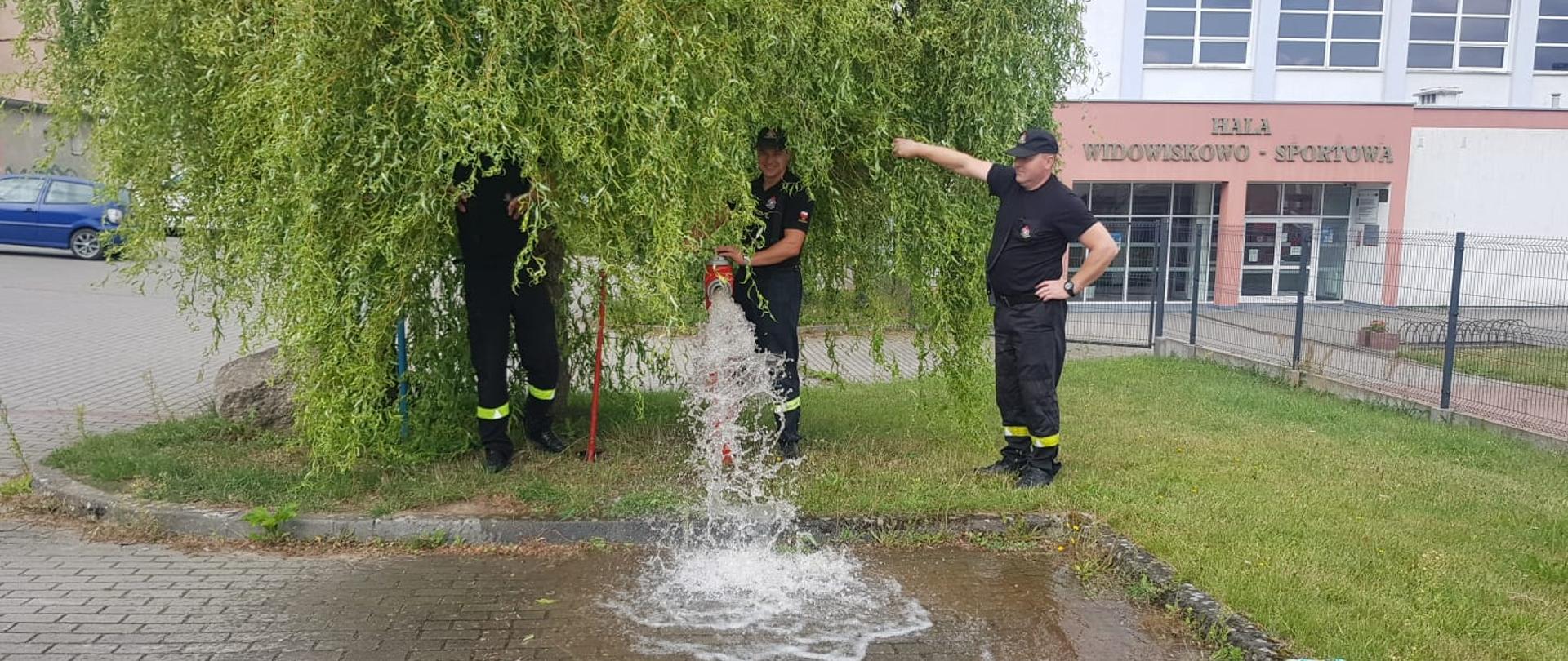 Zdjęcie przedstawia trzech strażaków którzy sprawdzają działanie hydrantu po przez jego odkręcenie.