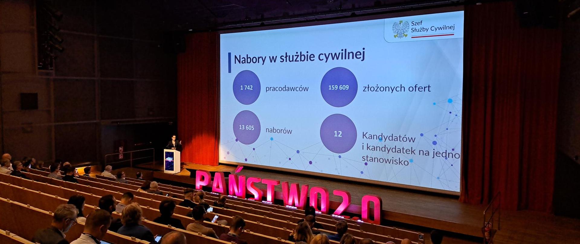 Widok na ekran na którym jest prezentacja, uczestnicy siedzą na sali i patrzą w stronę ekranu