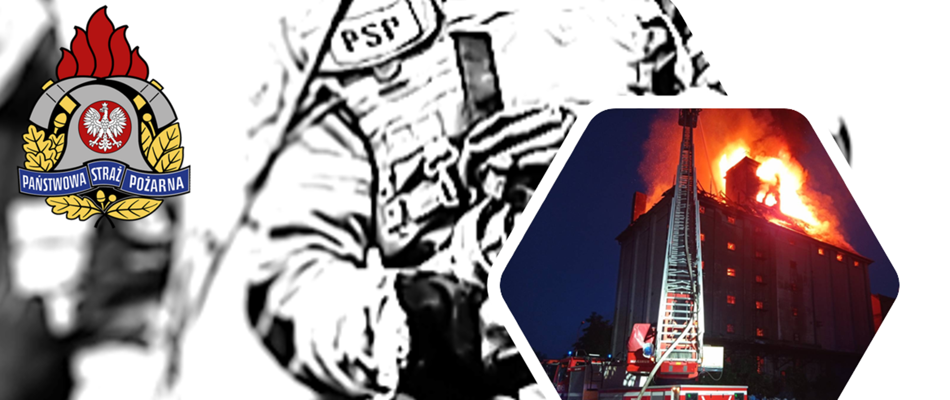 Infografika, na której widać palący się młyn a w tle szarym strażak w ubraniu specjalnym typu Nomex. W prawym górnym rogu widnieje logo Państwowej Straży Pożarnej.