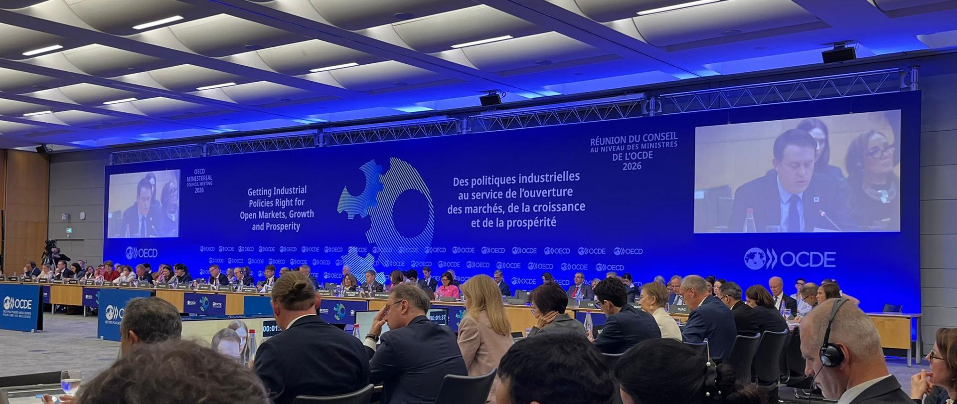 Widok sali obrad OECD. Na pierwszym planie słuchacze konferencji, w tle - duża niebieska ścianka z logo OECD i tytułem konferencji oraz dwoma telebimami wyświetlającymi przemówienia M. Baranowskiego. Pod ścianką stół, za którym siedzą delegaci poszczególnych państw