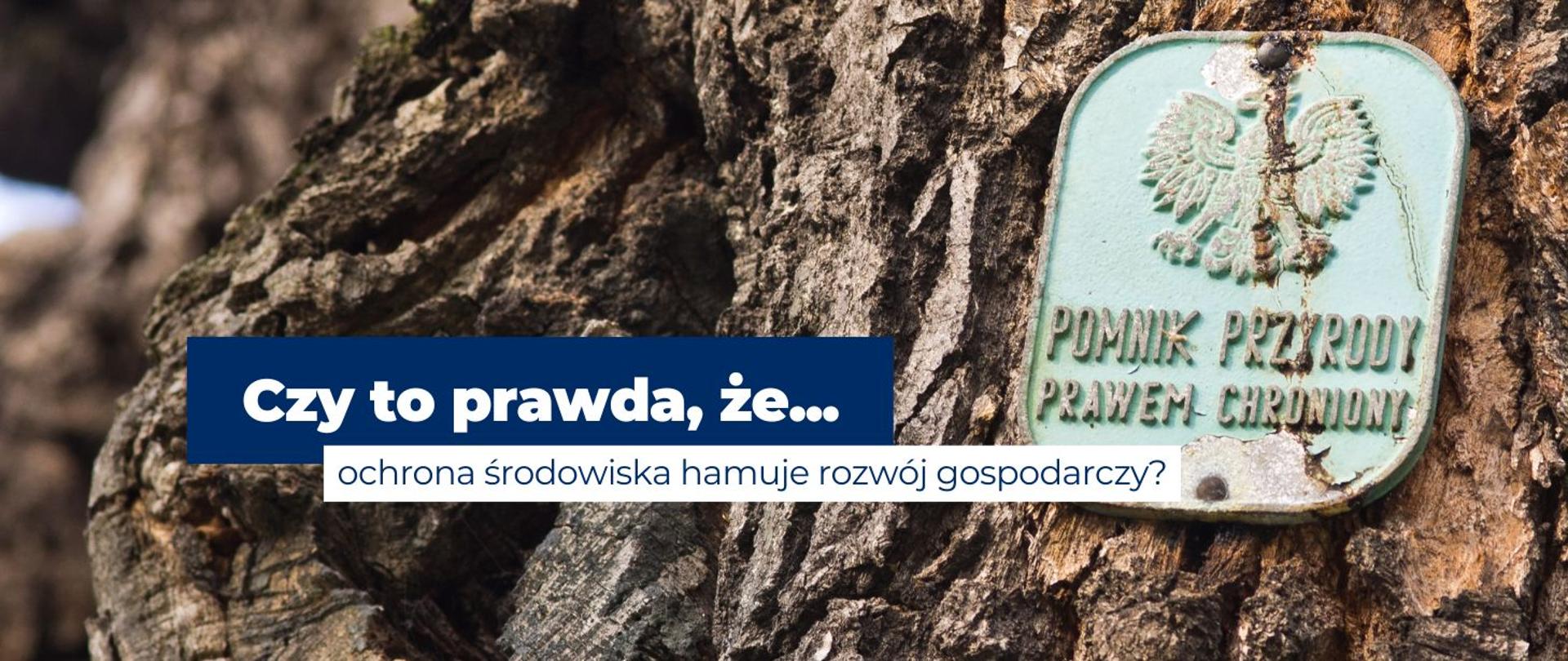 na zdjęciu widoczny jest napis Czy to prawda, że ochrona środowiska hamuje rozwój gospodarczy? W tle widnieje konar drzewa, na którym zawieszono jest tabliczka "Pomnik Przyrody Prawem Chroniony".