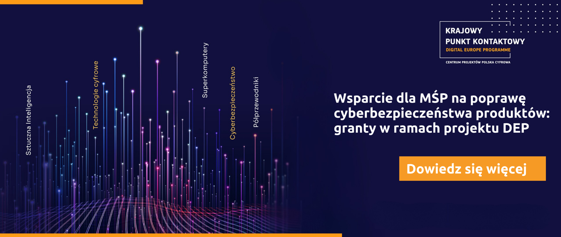 Na głównym planie po prawej stronie widnieje biały napis „Wsparcie dla MŚP na poprawę cyberbezpieczeństwa produktów - granty w ramach projektu DEP”. W lewej części znajduje się abstrakcyjna grafika przedstawiająca różnokolorowe promienie przebijające pofalowaną płaszczyznę. Nad promieniami umieszczono pionowo napisy: Sztuczna Inteligencja, Technologie cyfrowe, Superkomputery, Cyberbezpieczeństwo oraz Półprzewodniki.