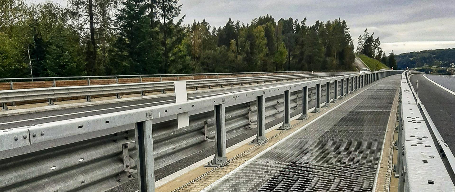 Fotografia z poziomu terenu obrazująca zabezpieczenie siatką prześwitów pomiędzy równolegle zlokalizowanymi objatami mostowymi w ciągu drogi ekspresowej. 
