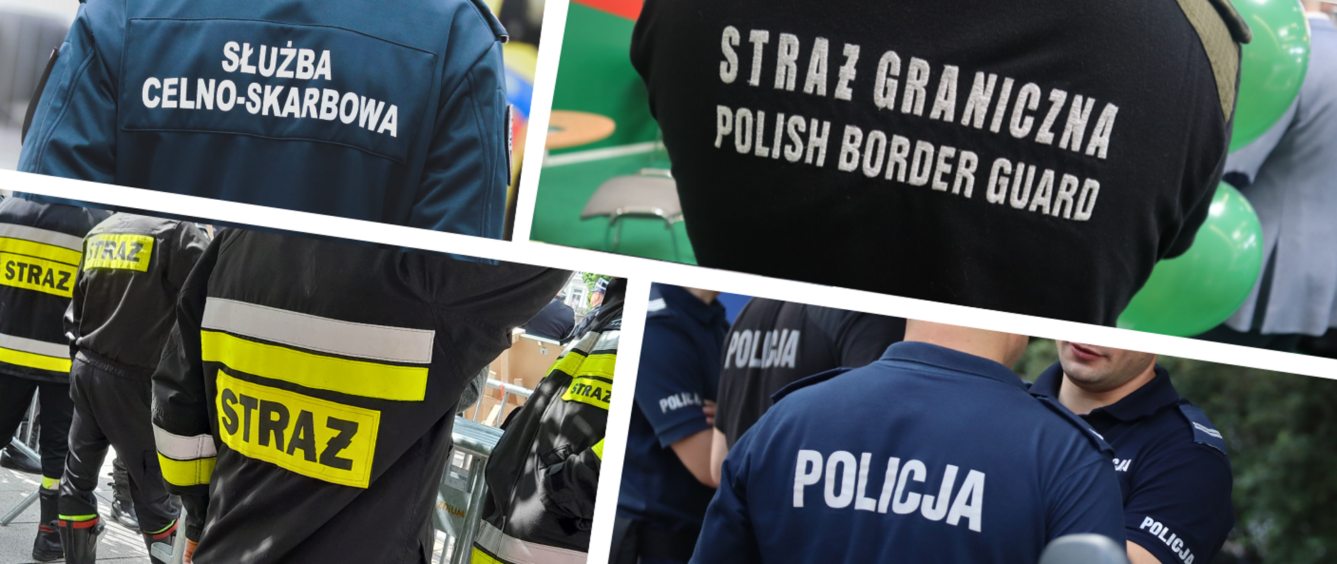 Kolaż zdjęć z funkcjonariuszami służby celno-skarbowej, straży granicznej, straży pożarnej oraz policji