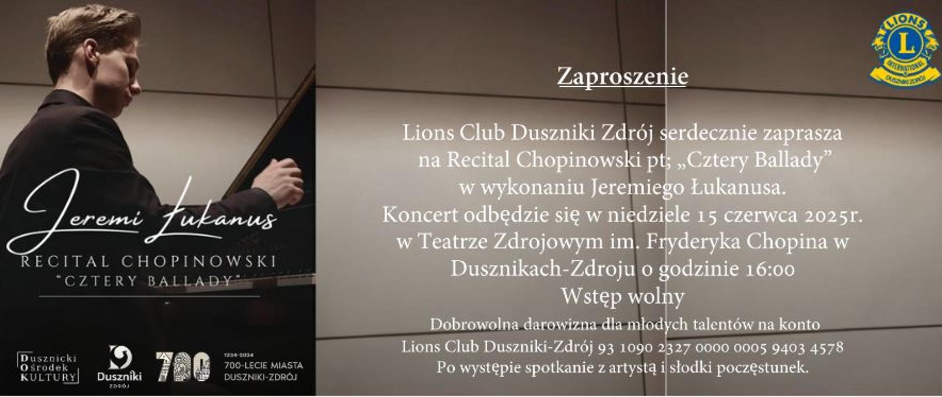 Plakat na czarnym tle z mężczyzną grającym na fortepianie oraz informacją tekstową dotyczącą zaproszenia na recital fortepianowy Jeremiego Lukanusa, który odbędzie się 16 czerwca 2025 w Dusznikach-Zdrój