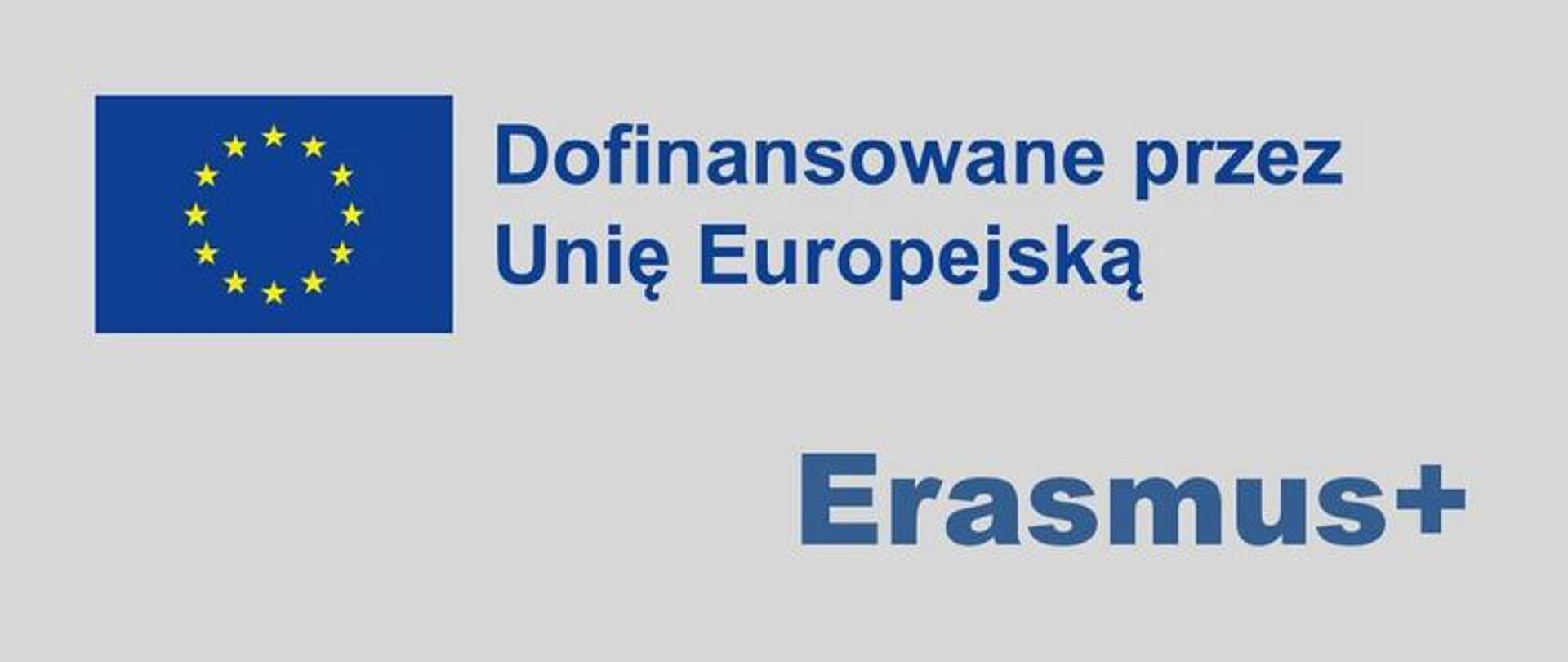 Plakat, niebieskie tło, logotyp UE i szkoły; tekst: Dofinansowane przez Unię Europejską, program Erasmus+ 2021-2027, Akcja 1 - mobilności edukacyjne