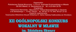 Plakat na czerwonym tle informujący o harmonogramie Ogólnopolskiego Konkursu Wokalnego w Mławie