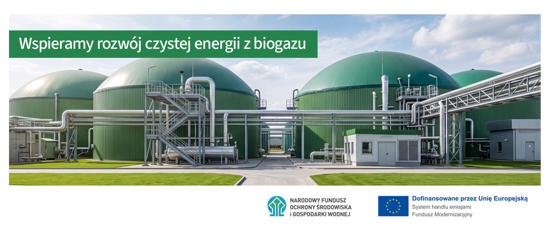 Grafika ilustracyjna. Instalacje przemysłowe. Wspieramy rozwój czystej energii z biogazu. Logotypy NFOŚiGW i UE.