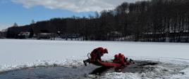 Na zdjęciu strażacy podbierają pozoranta z przerębla na sanie lodowe.