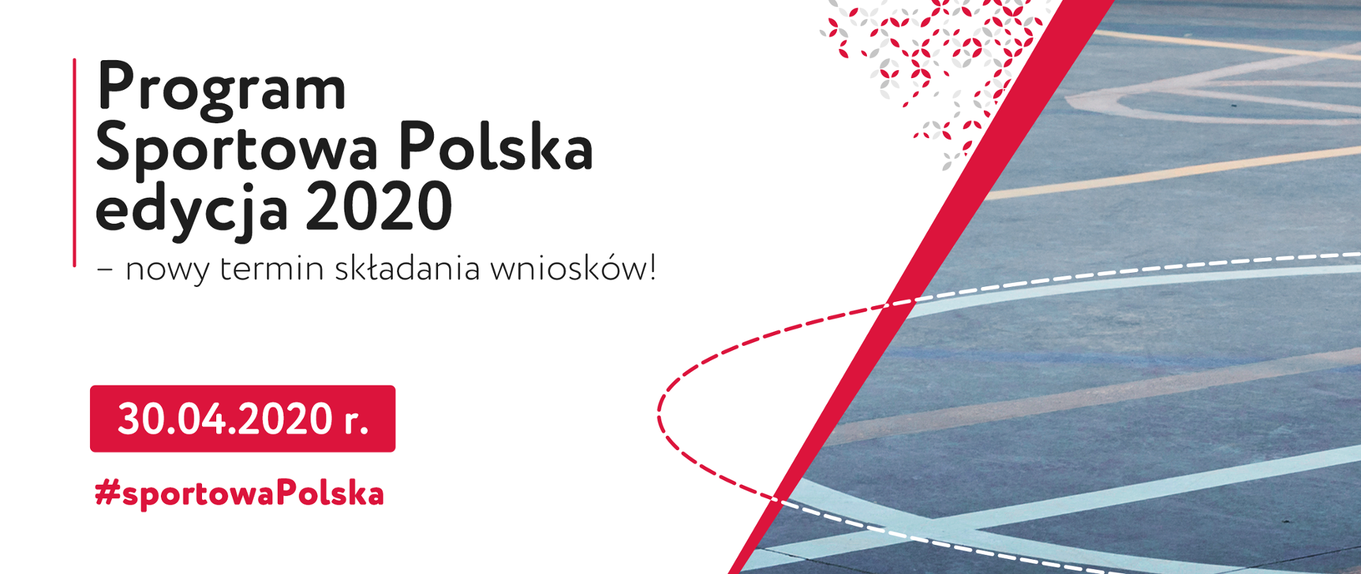 Napis Sportowa Polska - edycja 2020 wraz z datą 30.04.2020 r., w tle fragment boiska do koszykówki