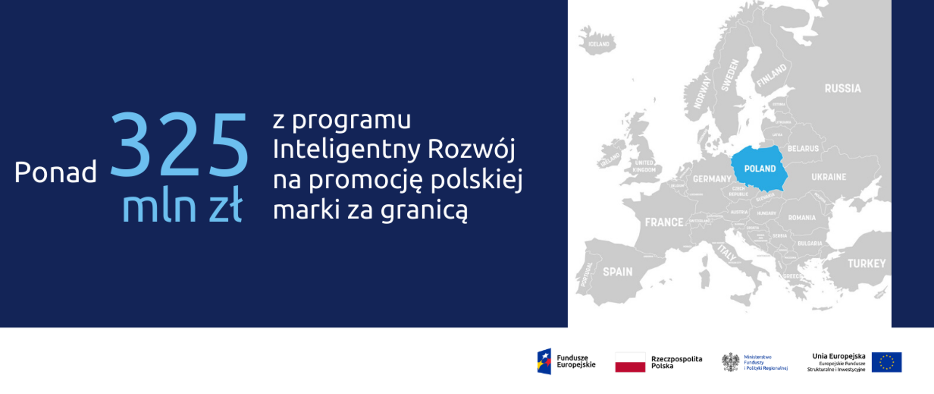 Grafika podzielona na dwie części: po lewej tekst: Ponad 325 mln złotych z programu Inteligentny Rozwój na promocję polskiej marki za granicą. Obok mapa Europy z zaznaczoną Polską. Na dole ikonki Facebooka oraz Twittera, logotypy Funduszy Europejskich i Ministerstwa Funduszy i Polityki Regionalnej, flaga Polski.