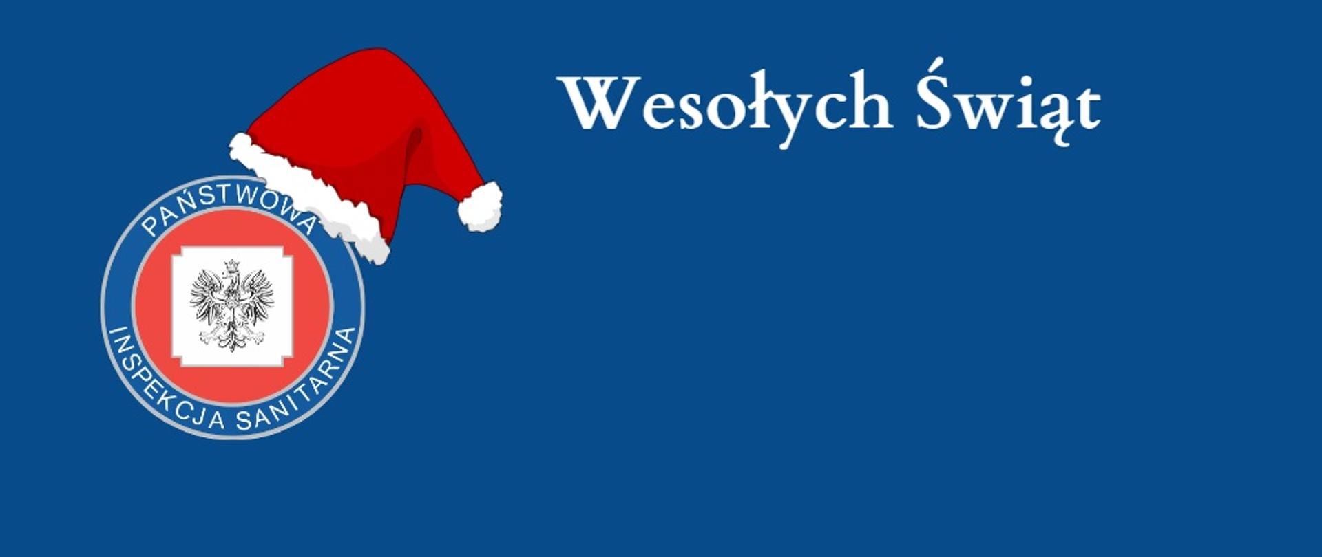 Grafika przedstawia logo Inspekcji Sanitarnej na niebieskim tle w czapce św. Mikołaja oraz napis Wesołych Świąt.