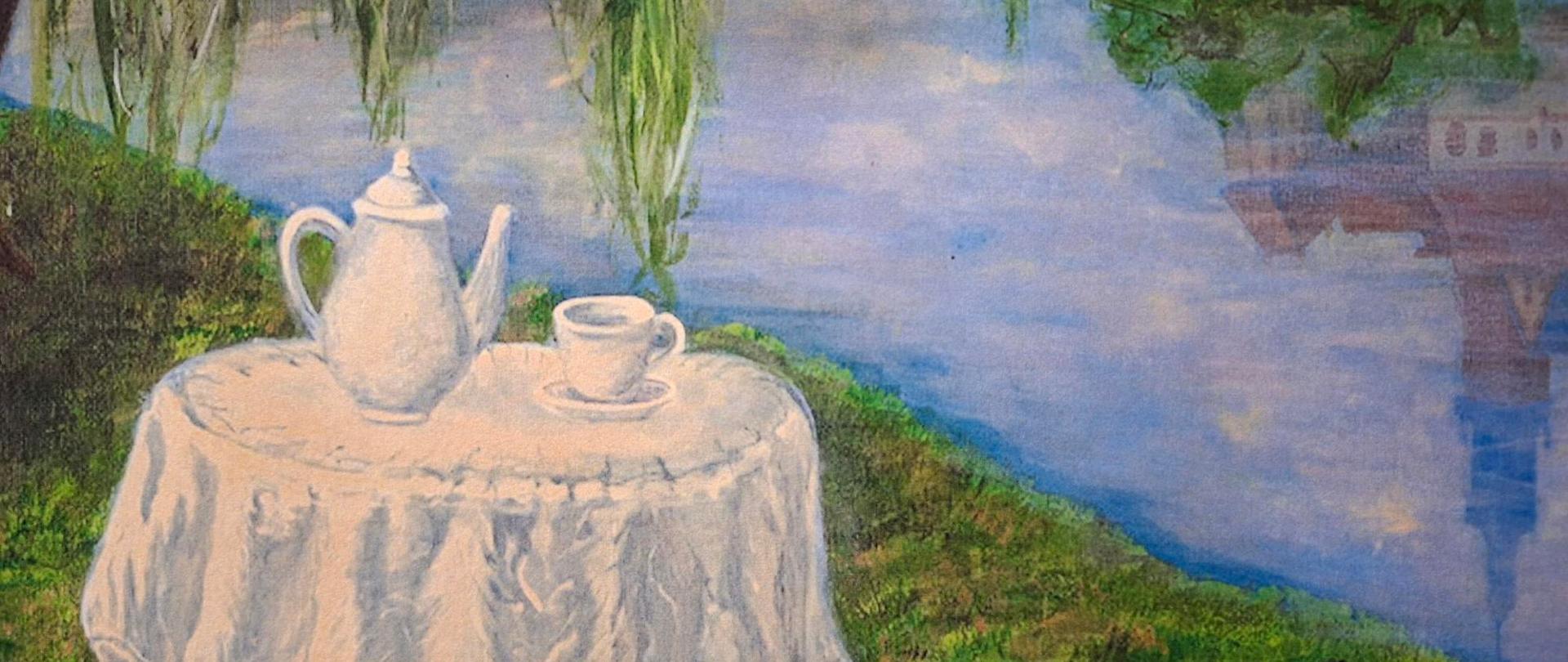 Obraz będący interpretacją poezji Marii Pawlikowskiej-Jasnorzewskiej przedstawiający nakryty białym obrusem stolik , ustawiony nad brzegiem rzeki lub jeziora.