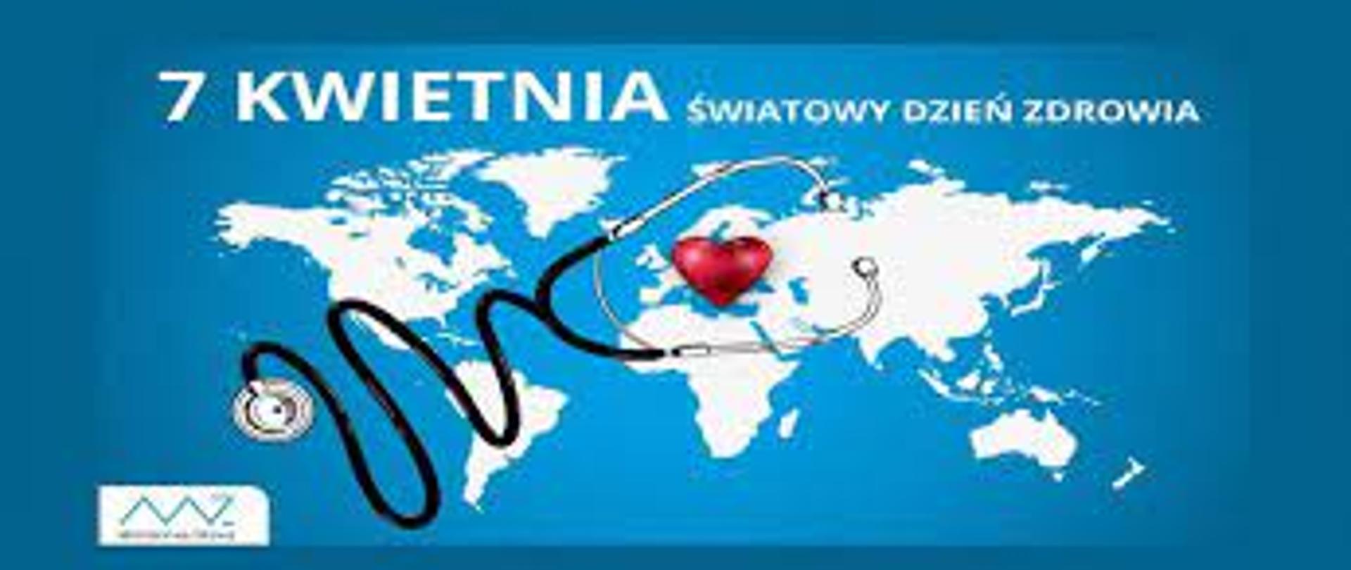 Stetoskop na tle mapy świata oraz serce znajdujące się pomiędzy słuchawkami stetoskopu.