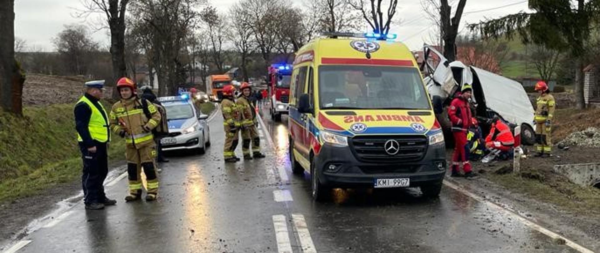 na miejscu widoczny jest karek ZRM, wrak samochodu dostawczego oraz ratownicy udzielający pomocy poszkodowanym