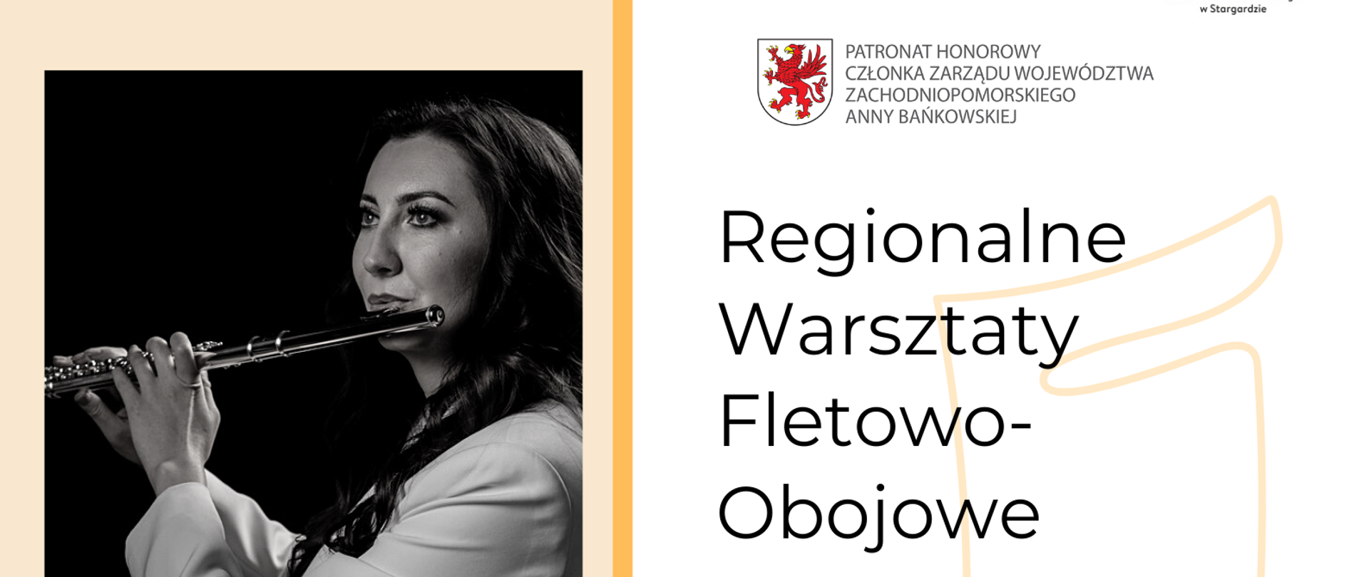 Plakat z informacją o Regionalnych warsztatach fletowo-obojowych w dniach 3 i 4 kwietnia 2023. Na plakacie znajdują się zdjęcia trzech wykładowców z instrumentami. 