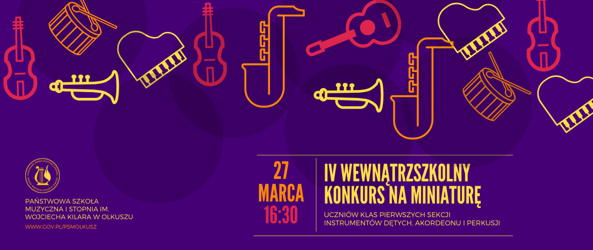 fioletowe tło, żółte, czerwone i pomarańczowe rysunki instrumentów