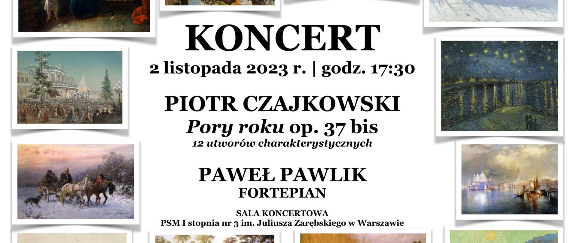 plakat - na białym tle na środku czarny napis informujący o koncercie, otoczony zdjęciami przedstawiającymi różne pory roku
