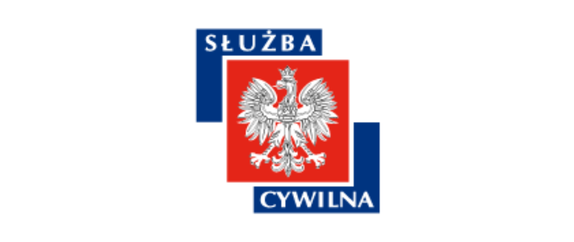 Grafika przedstawia logo służby cywilnej. Od góry na granatowym tle napis "służba", poniżej w czerwony kwadracie znajduje się grafika przedstawiająca orła, a poniżej na granatowym tle napis "cywilna".