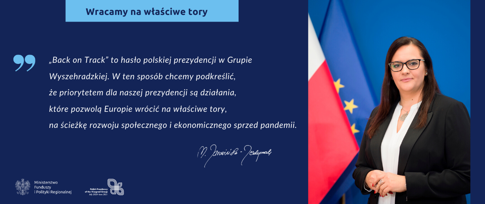 Grafika ze zdjęciem i cytatem minister Małgorzaty Jarosińskiej-Jedynak.