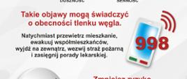Grafika przedstawiająca objawy zatrucia tlenkiem węgla; osłabienie, przyśpieszona czynność serca, osłabienie, ból głowy, duszność, senność.