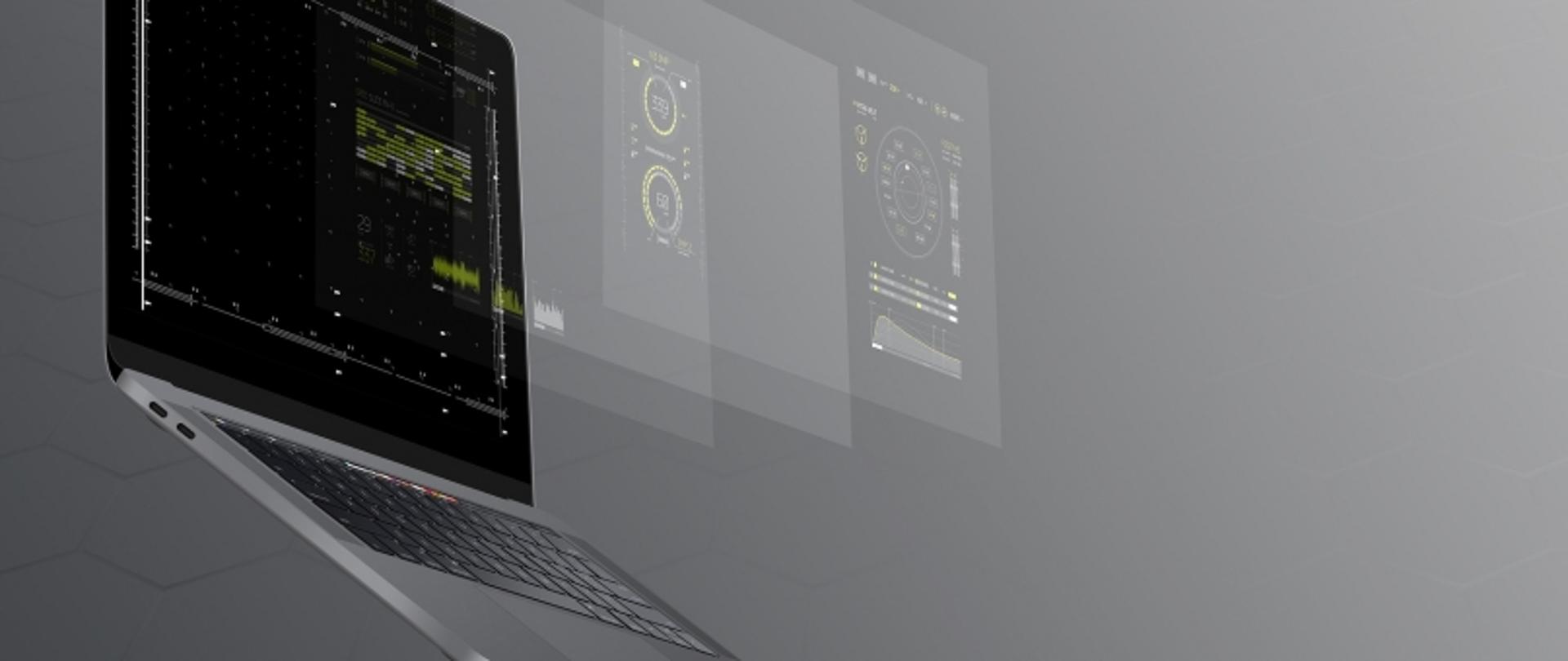 „Laptop z wykresami i wizualizacjami danych, w tle szare heksagony i unoszące się ekrany.”