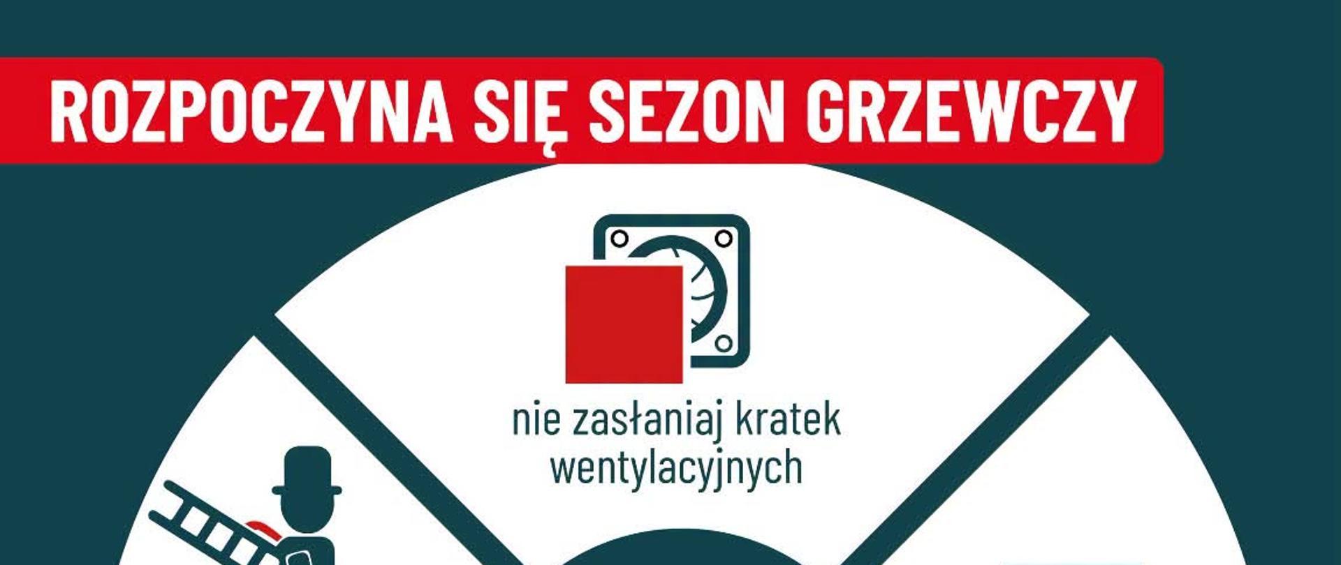 rafika informacyjna Państwowej Straży Pożarnej na temat bezpieczeństwa w sezonie grzewczym. Na środku znajduje się napis: „Jeśli posiadasz w domu piecyk gazowy bądź kominek”