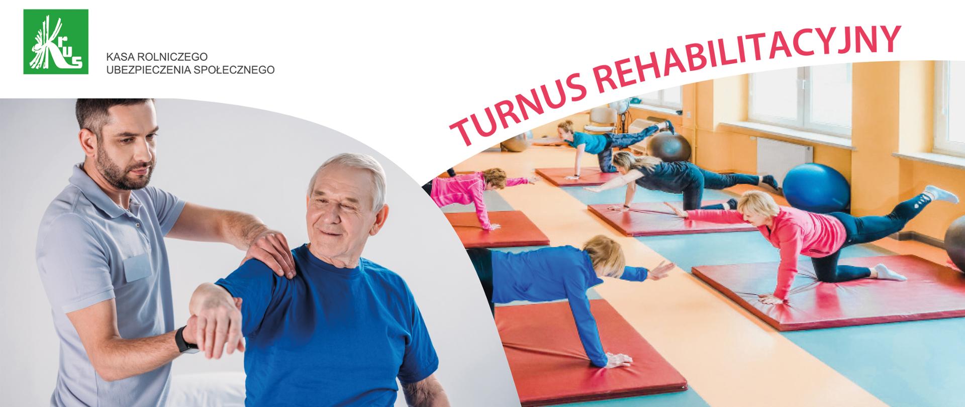 w lewej części fizjoterapeuta i pacjent w prawej grupa osób ćwiczących na materacach