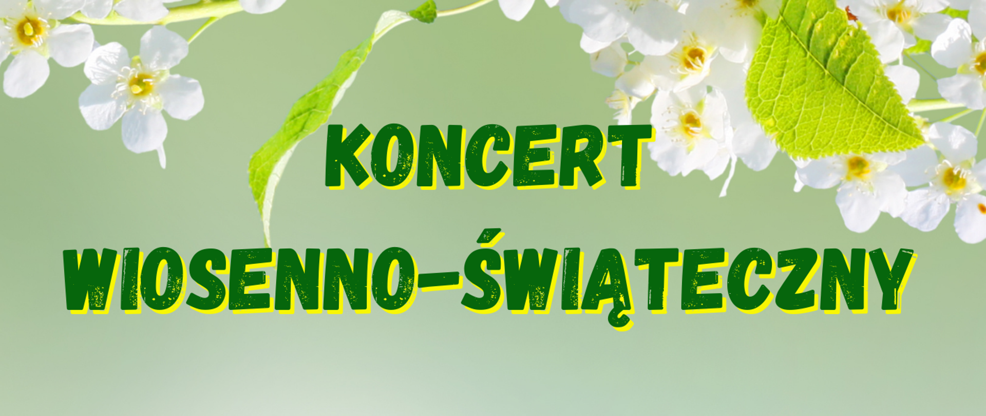 Plakat na zielonym tle z wiatami kwitnąej wiśni. Koncert wiosenno-świąteczny, 26 marca 2024, godz. 11:30, UAM, Szamarzewskiego 89, Poznań